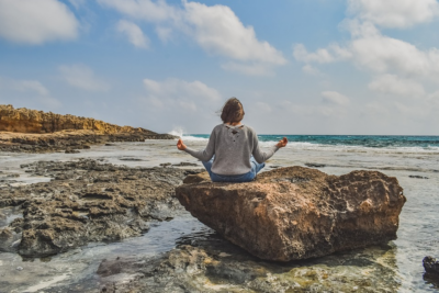A Person sitting on a rock by the shore.